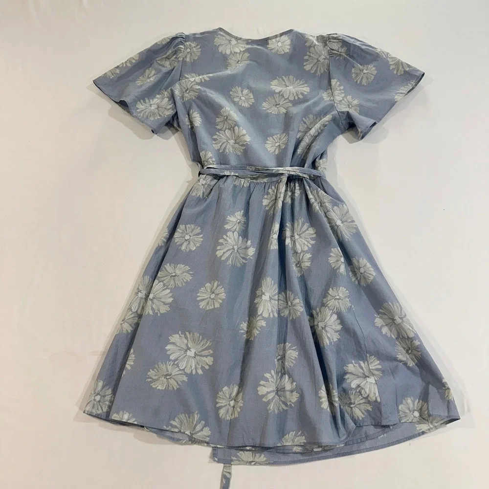 Madewell Daisy Print Wrap Dress Women M Blue Floral Cotton Short Sleeve Mini